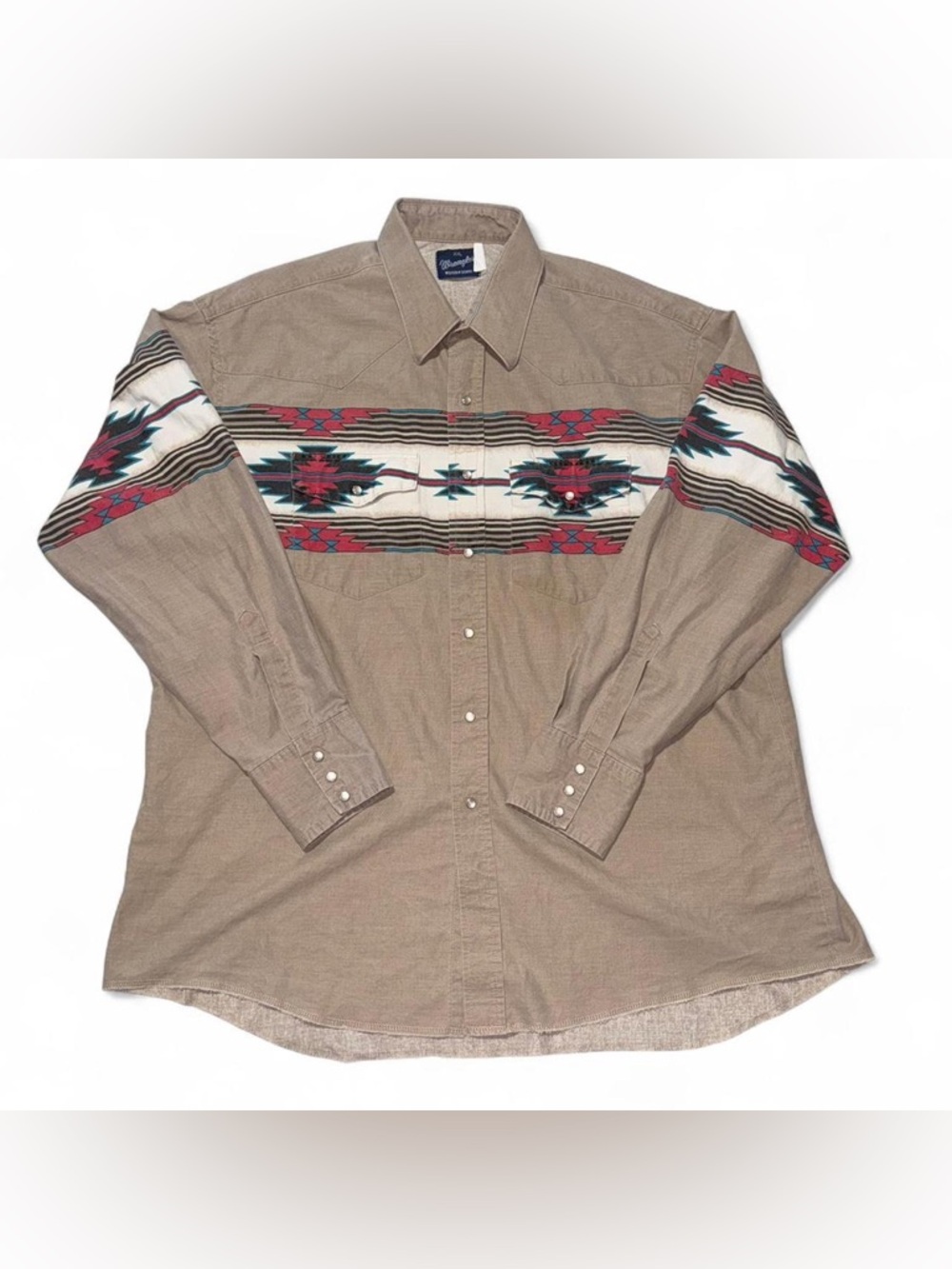 Wrangler Beige Button-Down Shirt with Navajo Stripe Accents